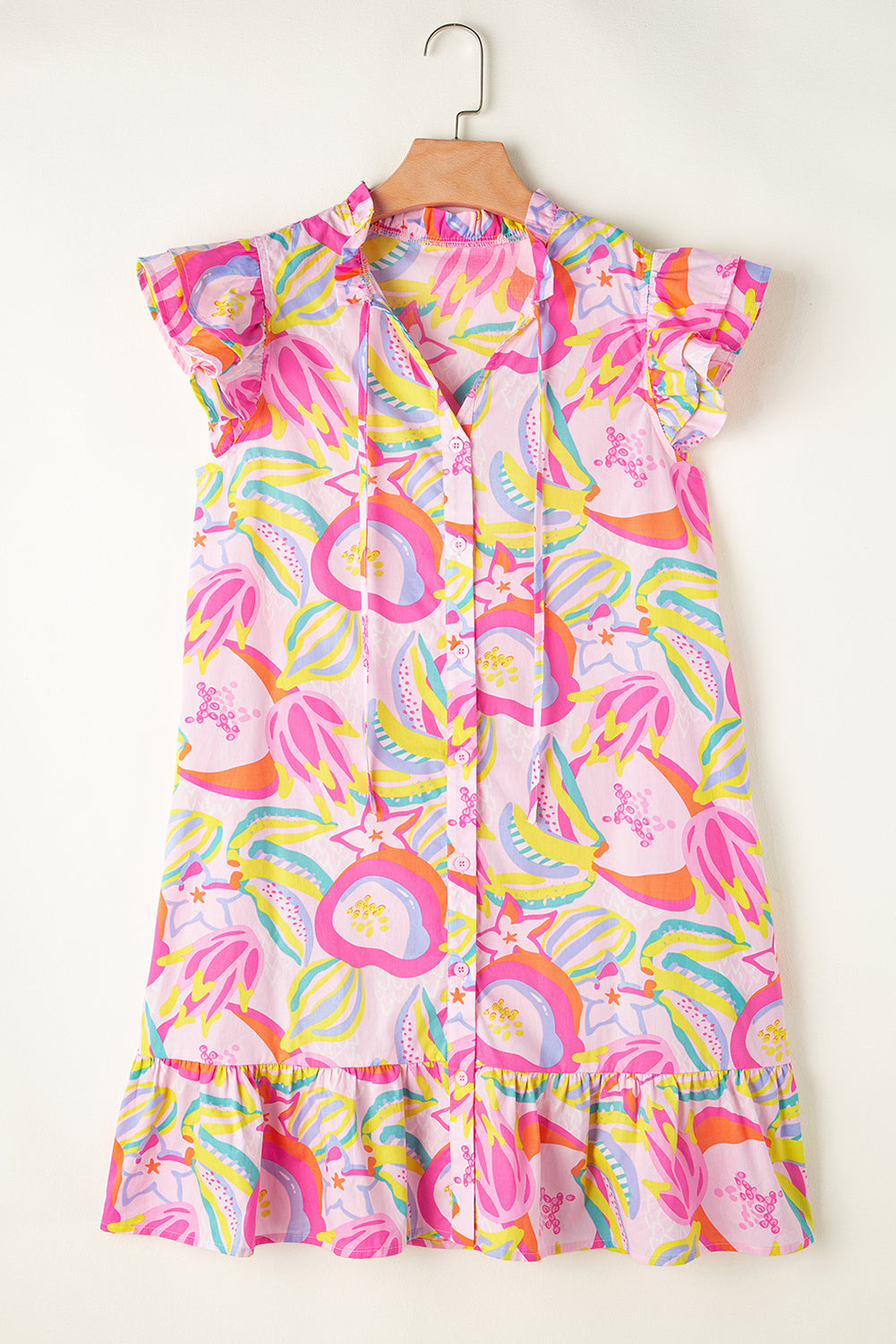 Cotton Floral Ruffle Trim Flutter Sleeve Buttoned Dress