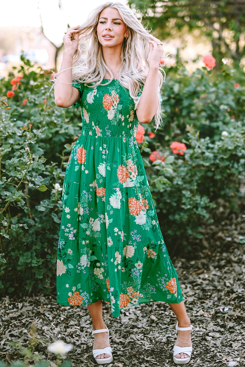 Green Floral Print Bubble Sleeve Smocked Midi Dress