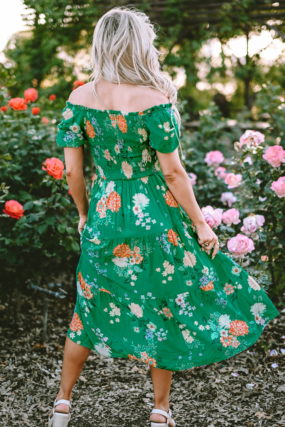 Green Floral Print Bubble Sleeve Smocked Midi Dress