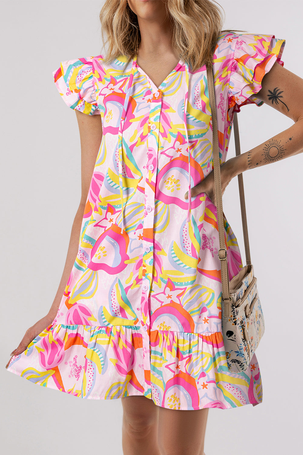 Cotton Floral Ruffle Trim Flutter Sleeve Buttoned Dress