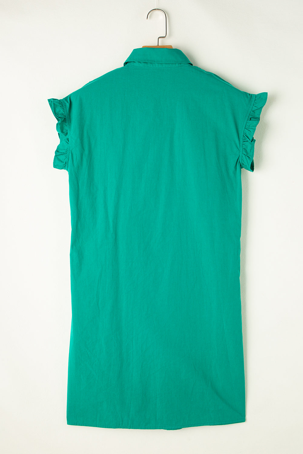 Cotton Green Shirred Ruffle Sleeve Button Up Short Dress