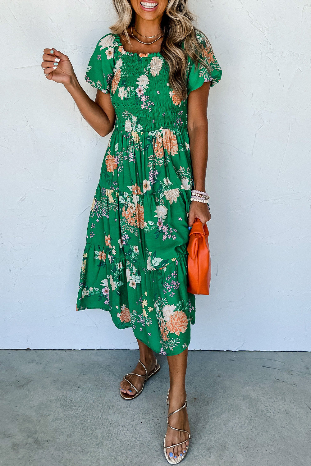 Green Floral Print Bubble Sleeve Smocked Midi Dress