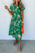 Green Floral Print Bubble Sleeve Smocked Midi Dress