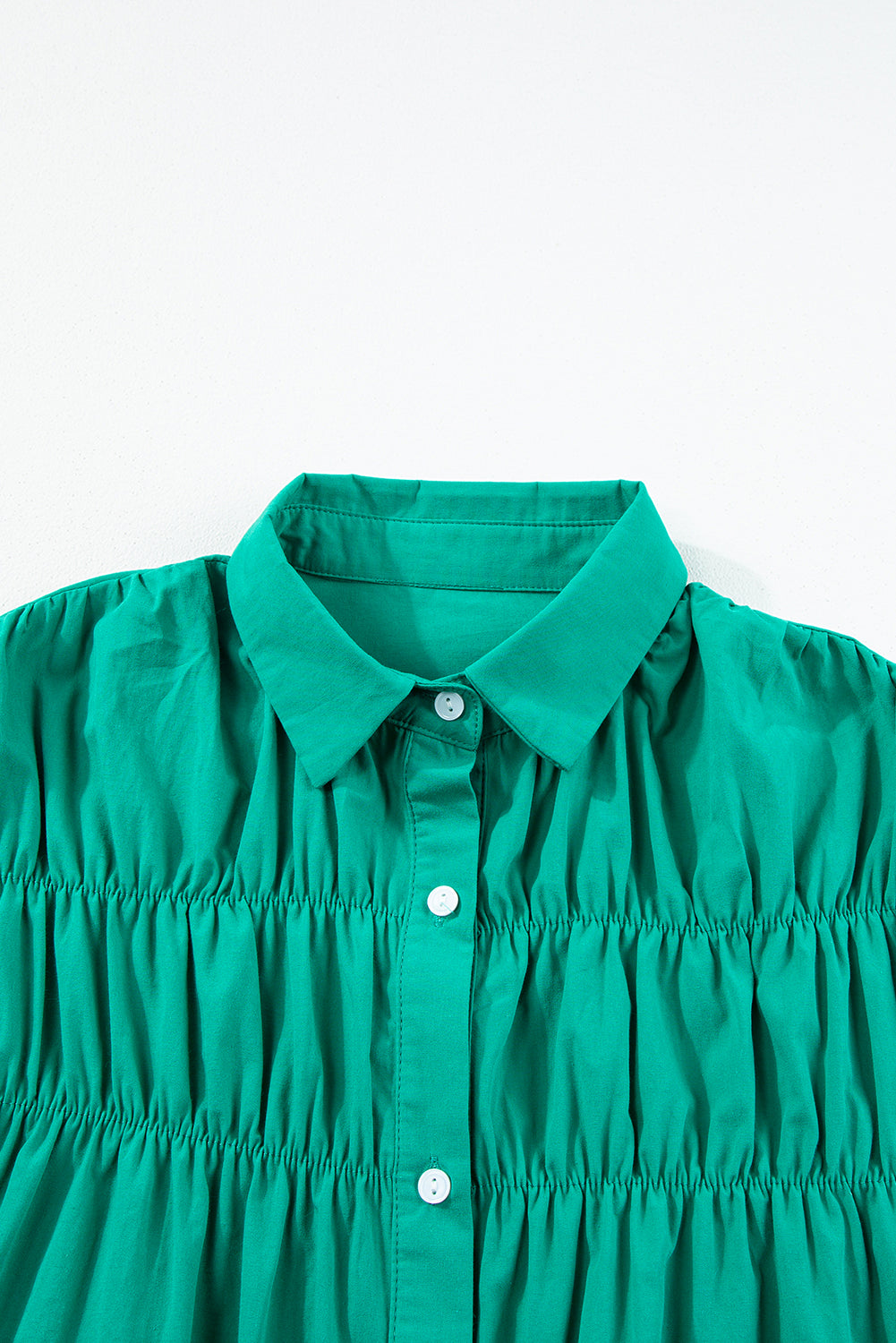 Cotton Green Shirred Ruffle Sleeve Button Up Short Dress