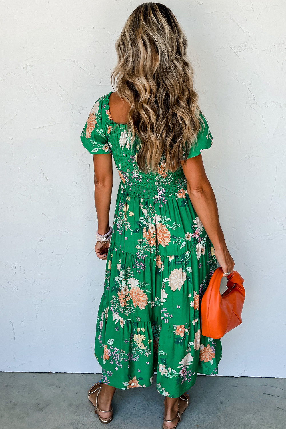 Green Floral Print Bubble Sleeve Smocked Midi Dress