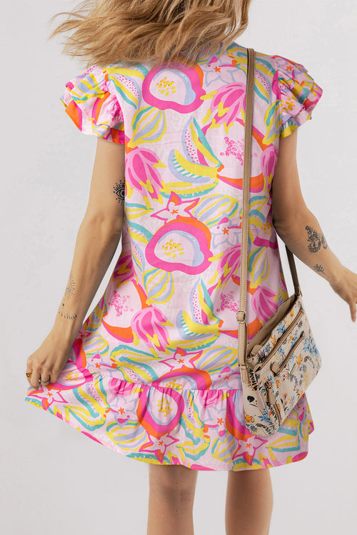 Cotton Floral Ruffle Trim Flutter Sleeve Buttoned Dress