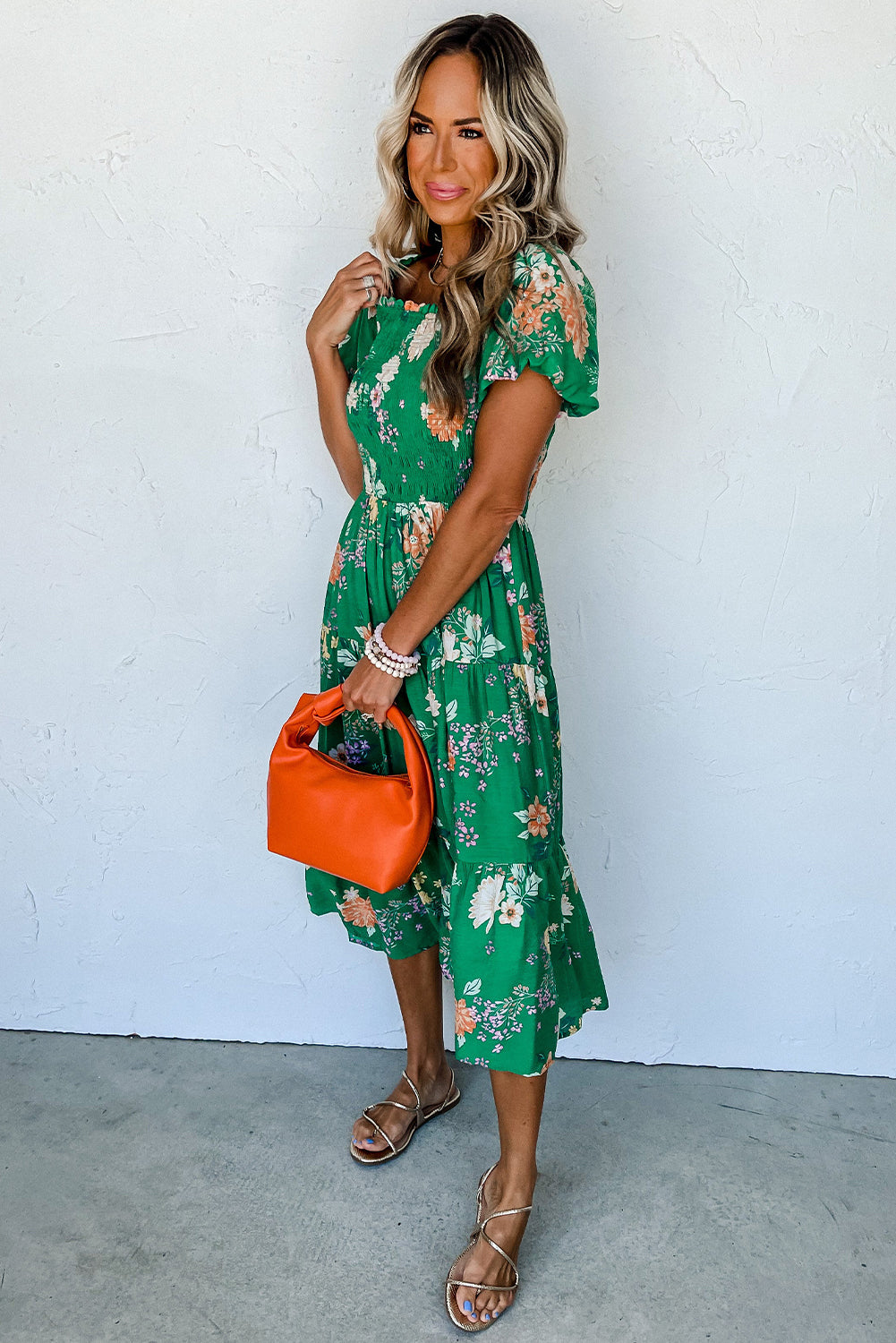 Green Floral Print Bubble Sleeve Smocked Midi Dress