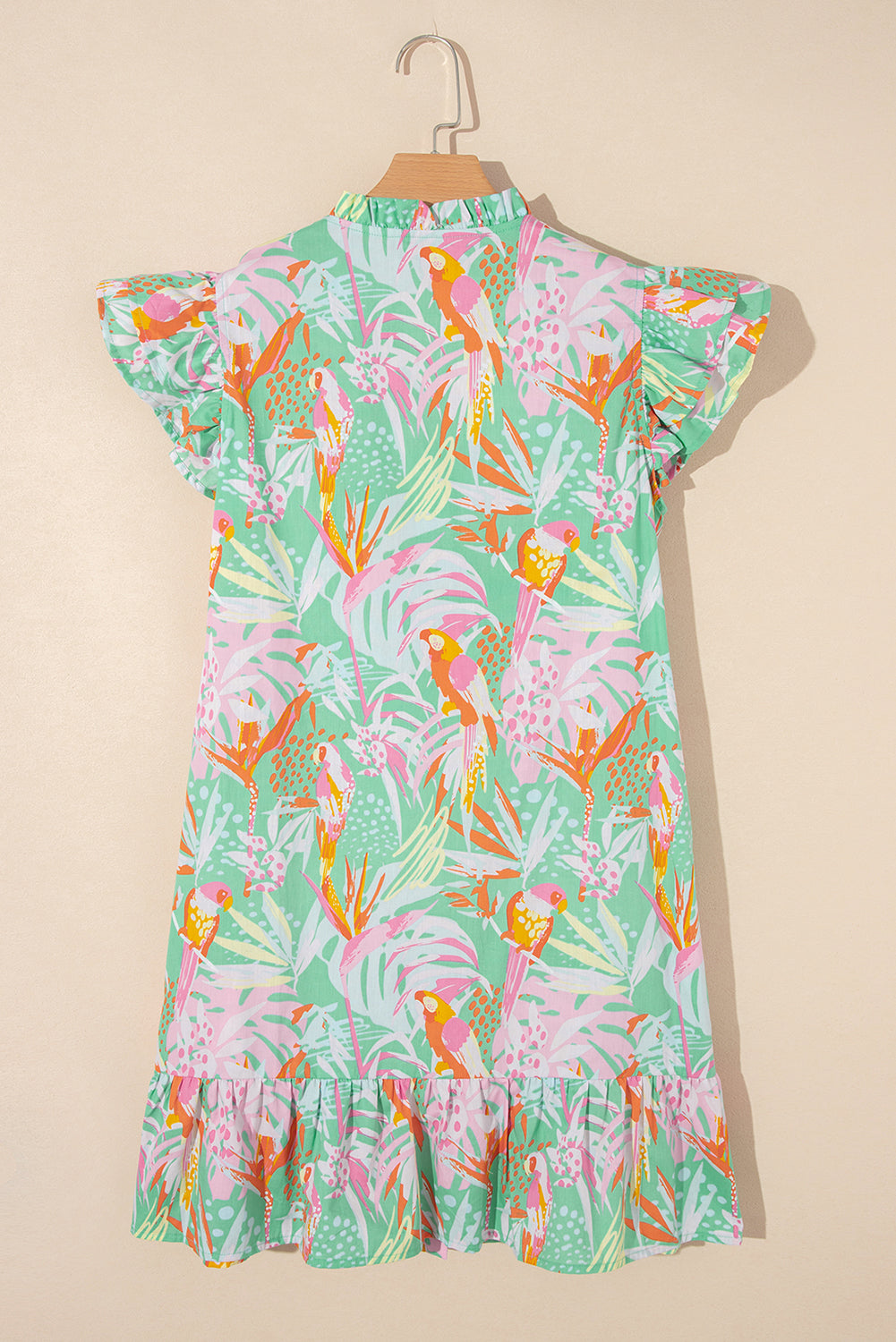 Cotton Floral Ruffle Trim Flutter Sleeve Buttoned Dress