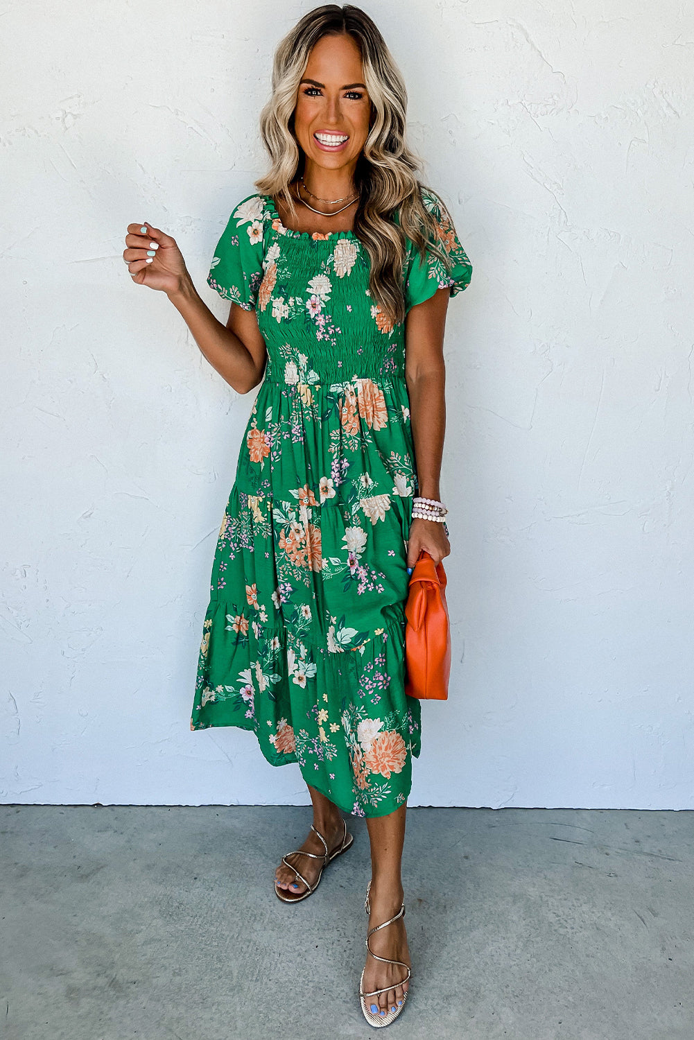 Green Floral Print Bubble Sleeve Smocked Midi Dress