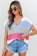 Color Block Notch V Neck Sweater T Shirt