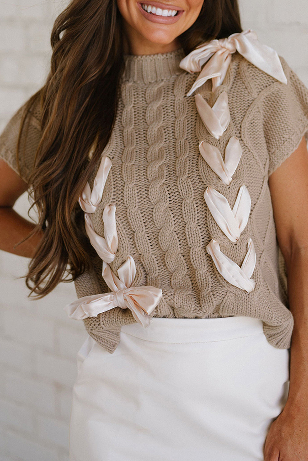 Satin Bowknot Short Sleeve Sweater