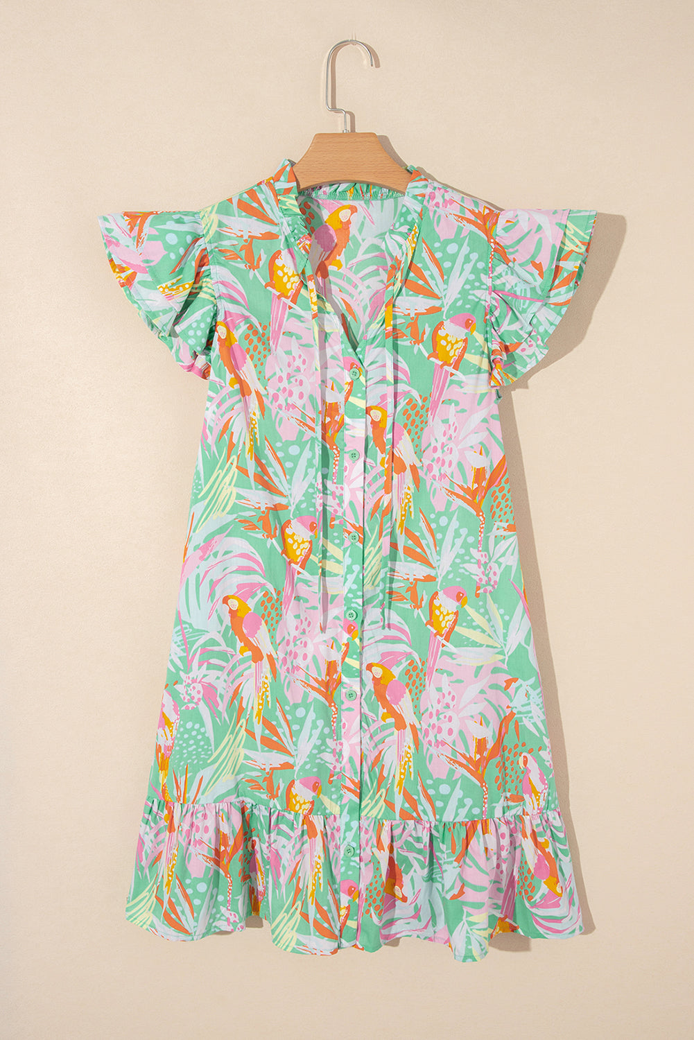 Cotton Floral Ruffle Trim Flutter Sleeve Buttoned Dress