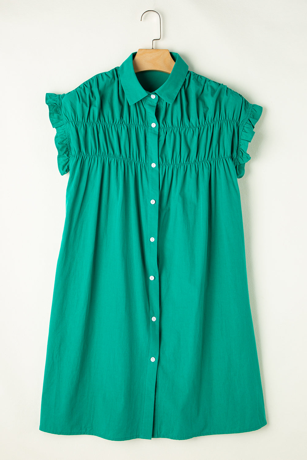 Cotton Green Shirred Ruffle Sleeve Button Up Short Dress